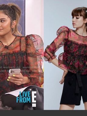 Zara Red Floral Organza Sheer Puff Sleeve Blouse size small